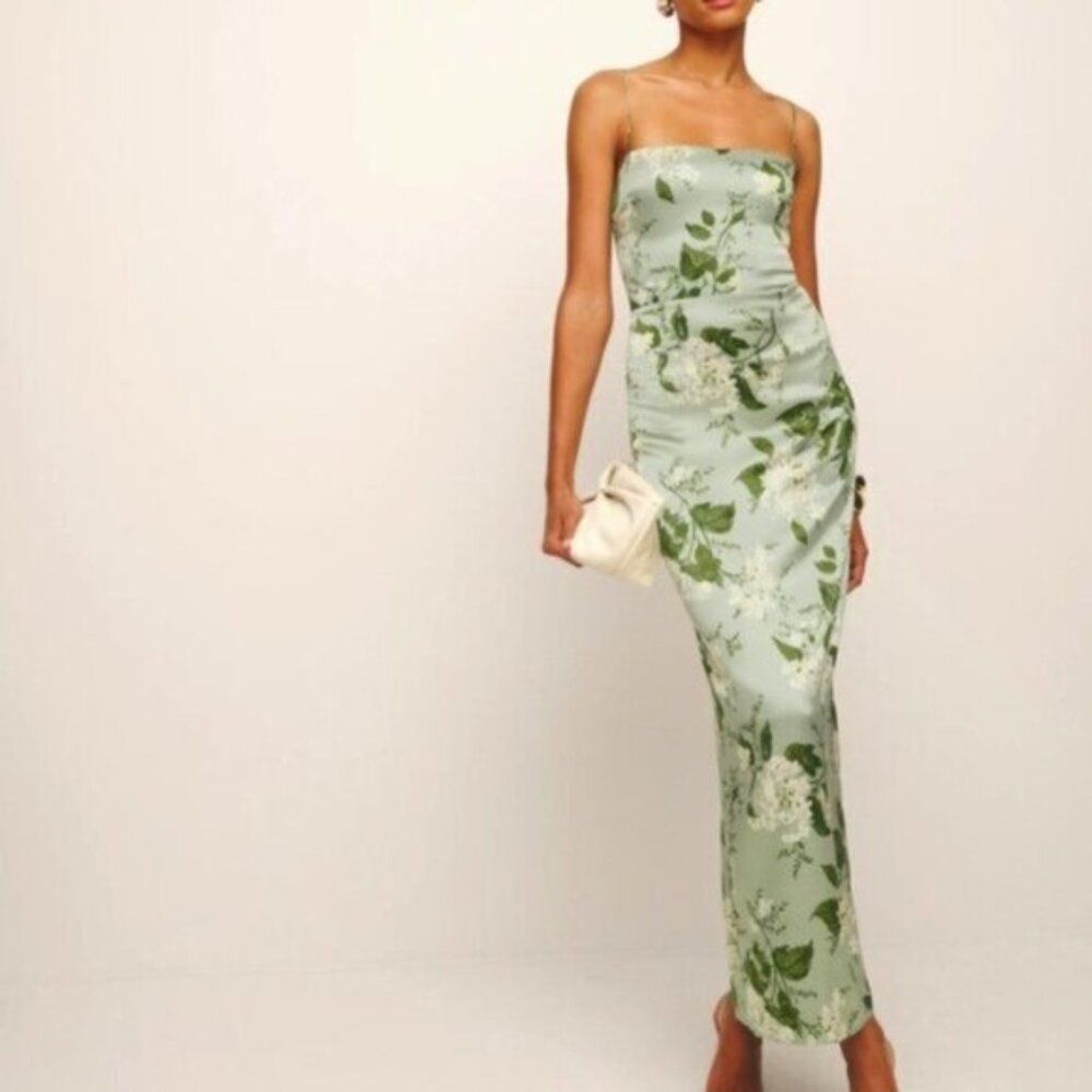 NEW Reformation Frankie Long Silk Dress in Tea Garden Green Floral | size 6 - Picture 1 of 12